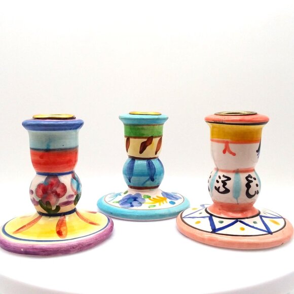 Candlestick Holders Set of 3 Ceramic Hand Painted Stands Taper Folk Art Colorful - Picture 1 of 5